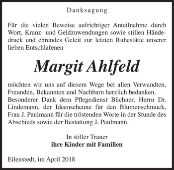 Traueranzeige von Margit Ahlfeld  von Magdeburger Volksstimme