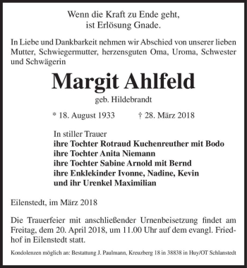 Traueranzeige von Margit Ahlfeld (geb. Hildebrandt)  von Magdeburger Volksstimme