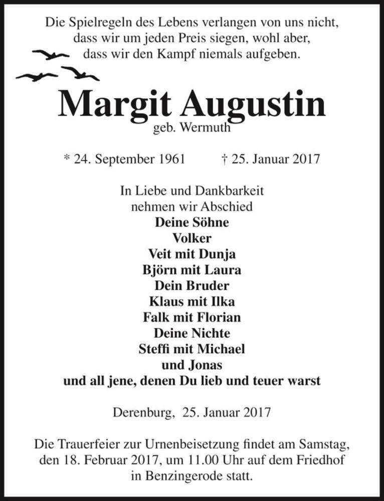 Traueranzeige für Margit Augustin (geb. Wermuth)  vom 04.02.2017 aus Magdeburger Volksstimme