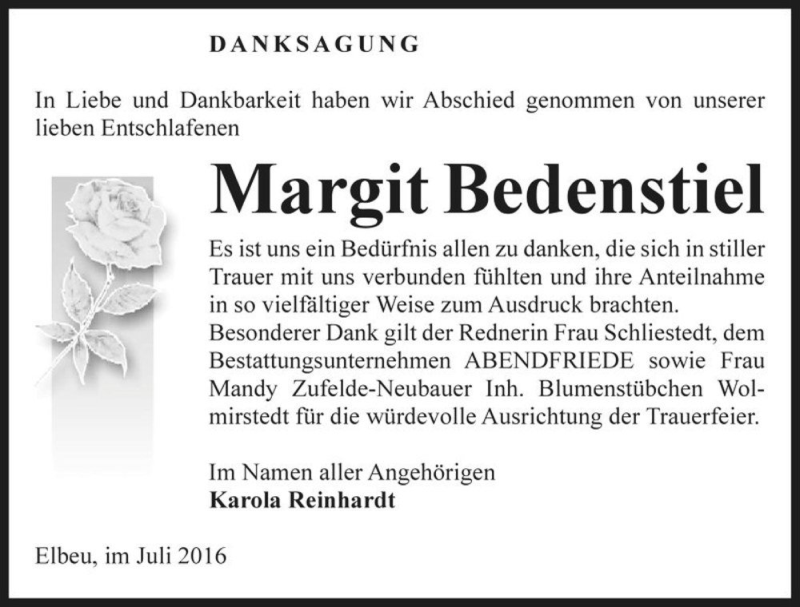  Traueranzeige für Margit Bedenstiel  vom 23.07.2016 aus Magdeburger Volksstimme