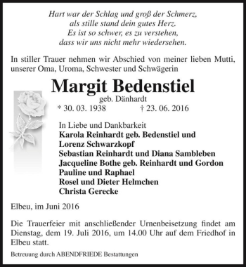 Traueranzeige von Margit Bedenstiel (geb. Dänhardt)  von Magdeburger Volksstimme