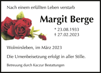 Traueranzeige von Margit Berge  von Magdeburger Volksstimme