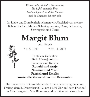 Traueranzeige von Margit Blum (geb. Pergelt)  von Magdeburger Volksstimme
