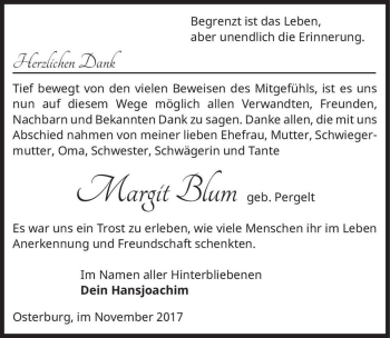 Traueranzeige von Margit Blum (geb. Pergelt)  von Magdeburger Volksstimme
