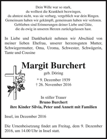 Traueranzeige von Margit Burchert (geb. Döring)  von Magdeburger Volksstimme