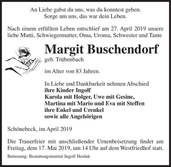Traueranzeige von Margit Buschendorf (geb. Trübenbach)  von Magdeburger Volksstimme