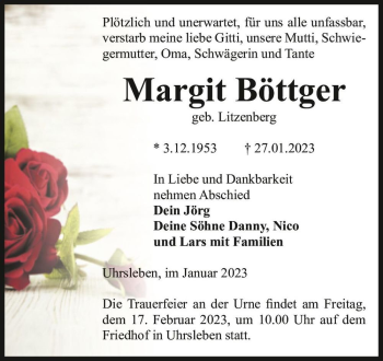 Traueranzeige von Margit Böttger (geb. Litzenberg)  von Magdeburger Volksstimme