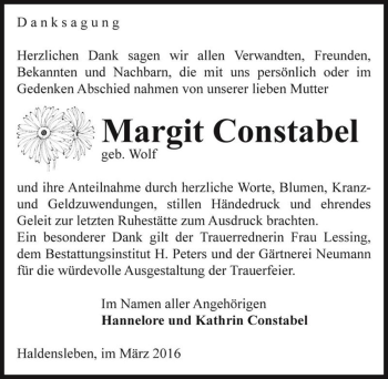 Traueranzeige von Margit Constabel (geb. Wolf)  von Magdeburger Volksstimme