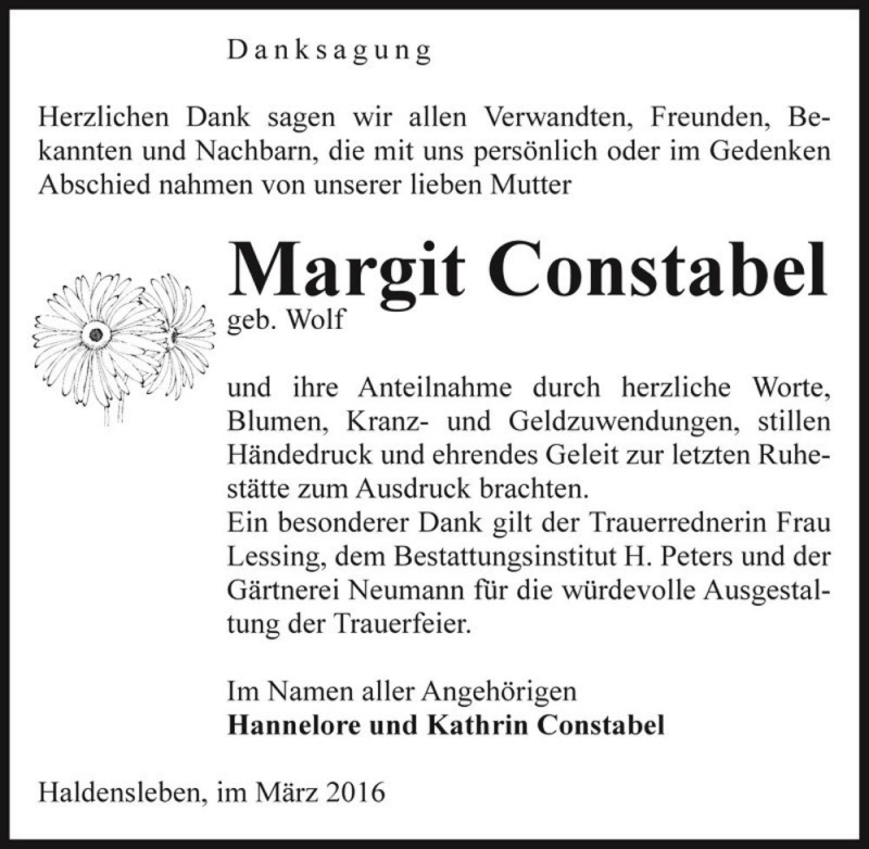  Traueranzeige für Margit Constabel (geb. Wolf)  vom 12.03.2016 aus Magdeburger Volksstimme
