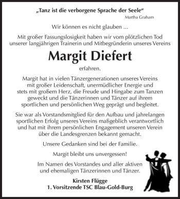 Traueranzeige von Margit Diefert  von Magdeburger Volksstimme