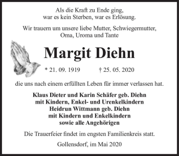 Traueranzeige von Margit Diehn  von Magdeburger Volksstimme