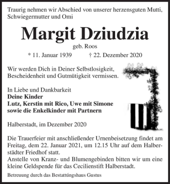 Traueranzeige von Margit Dziudzia (geb. Roos)  von Magdeburger Volksstimme
