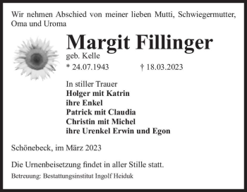 Traueranzeige von Margit Fillinger (geb. Kelle)  von Magdeburger Volksstimme