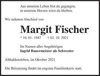 Traueranzeige von Margit Fischer  von Magdeburger Volksstimme