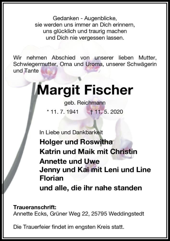  Traueranzeige für Margit Fischer (geb. Reichmann)  vom 16.05.2020 aus Magdeburger Volksstimme