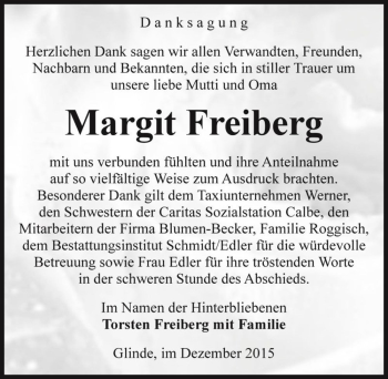 Traueranzeige von Margit Freiberg  von Magdeburger Volksstimme