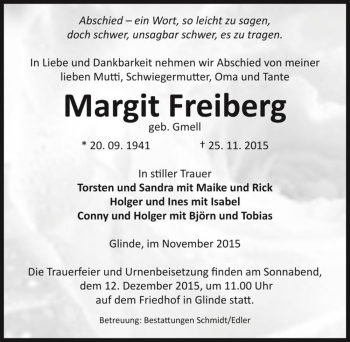 Traueranzeige von Margit Freiberg (geb. Gmell)  von Magdeburger Volksstimme
