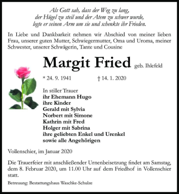 Traueranzeige von Margit Fried (geb. Ihlefeld)  von Magdeburger Volksstimme