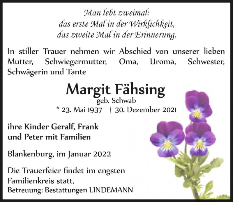  Traueranzeige für Margit Fähsing (geb. Schwab)  vom 08.01.2022 aus Magdeburger Volksstimme