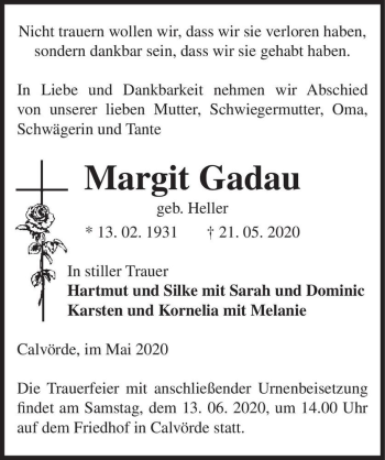 Traueranzeige von Margit Gadau (geb. Heller)  von Magdeburger Volksstimme