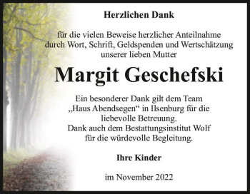 Traueranzeige von Margit Geschefski  von Magdeburger Volksstimme