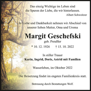 Traueranzeige von Margit Geschefski (geb. Preußler)  von Magdeburger Volksstimme