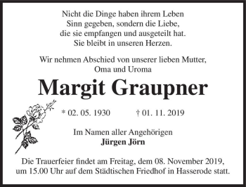Traueranzeige von Margit Graupner  von Magdeburger Volksstimme