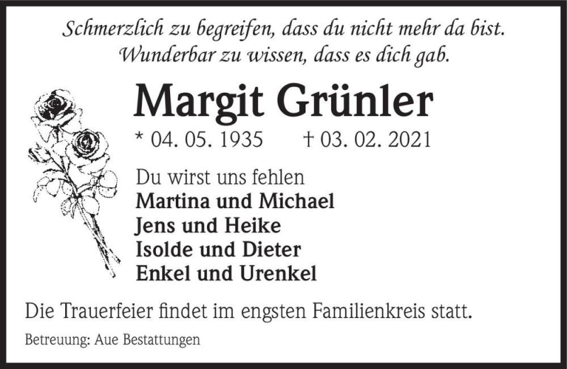  Traueranzeige für Margit Grünler  vom 20.02.2021 aus Magdeburger Volksstimme