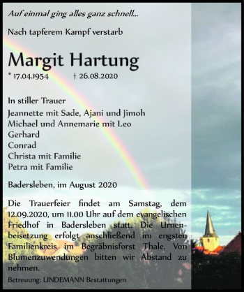 Traueranzeige von Margit Hartung  von Magdeburger Volksstimme
