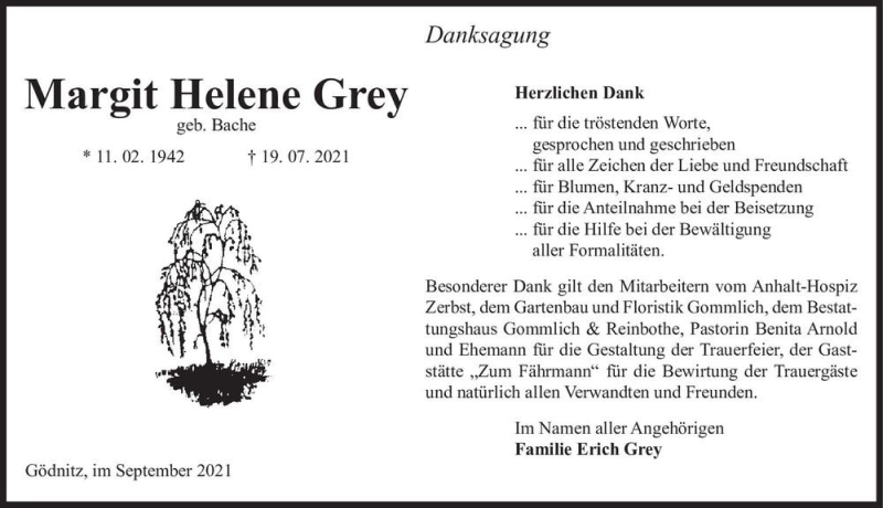  Traueranzeige für Margit Helene Grey (geb. Bache)  vom 04.09.2021 aus Magdeburger Volksstimme