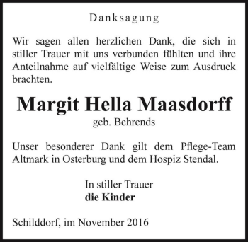 Traueranzeige von Margit Hella Maasdorff (geb. Behrends)  von Magdeburger Volksstimme