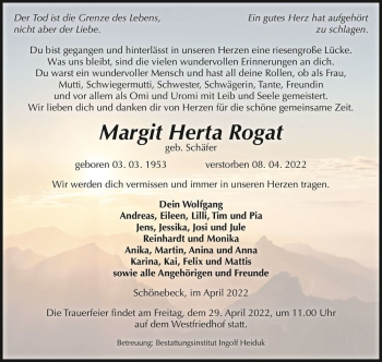Traueranzeige von Margit Herta Rogat (geb. Schäfer)  von Magdeburger Volksstimme