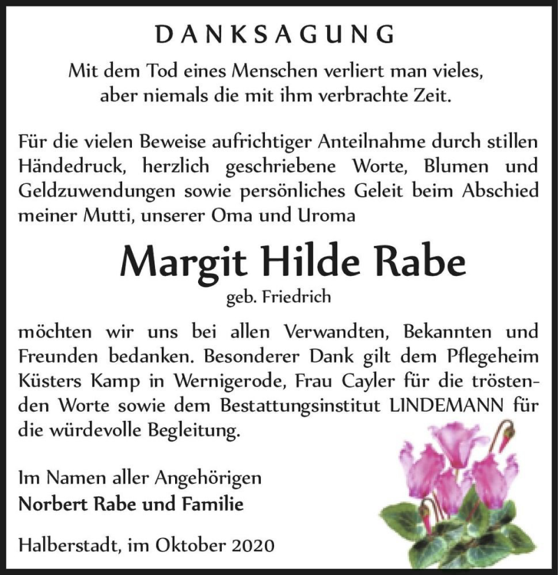  Traueranzeige für Margit Hilde Rabe (geb. Friedrich)  vom 10.10.2020 aus Magdeburger Volksstimme
