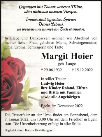 Traueranzeige von Margit Hoier (geb. Lange)  von Magdeburger Volksstimme