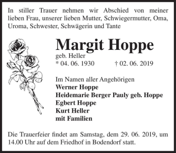 Traueranzeige von Margit Hoppe (geb. Heller)  von Magdeburger Volksstimme