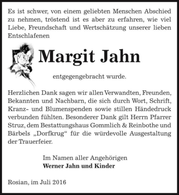 Traueranzeige von Margit Jahn  von Magdeburger Volksstimme