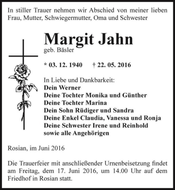 Traueranzeige von Margit Jahn (geb. Bäsler)  von Magdeburger Volksstimme