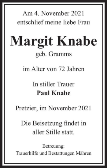 Traueranzeige von Margit Knabe (geb. Gramms)  von Magdeburger Volksstimme