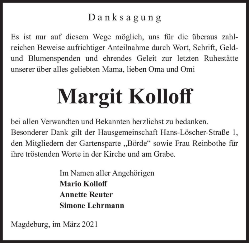  Traueranzeige für Margit Kolloff  vom 13.03.2021 aus Magdeburger Volksstimme