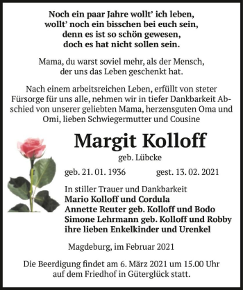 Traueranzeige von Margit Kolloff (geb. Lübcke)  von Magdeburger Volksstimme