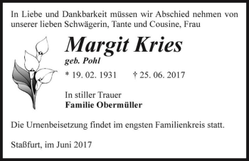 Traueranzeige von Margit Kries (geb. Pohl)  von Magdeburger Volksstimme