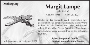 Traueranzeige von Margit Lampe ( geb. Sixdorf)  von Magdeburger Volksstimme