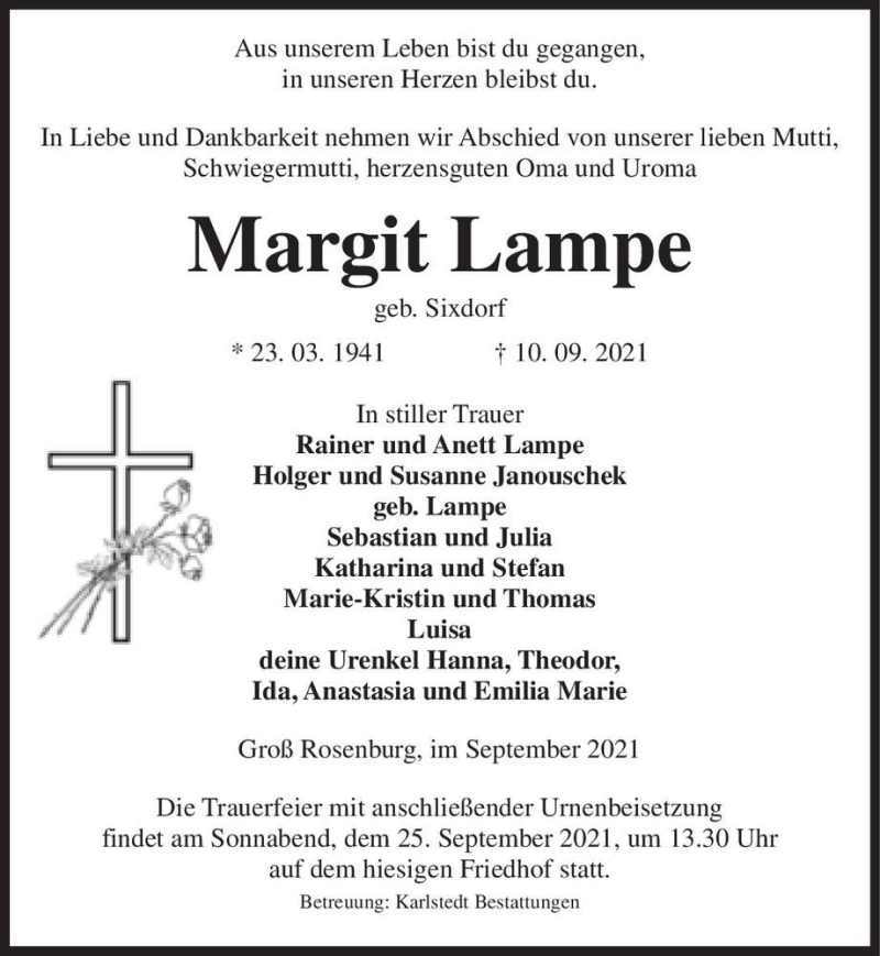  Traueranzeige für Margit Lampe (geb. Sixdorf)  vom 18.09.2021 aus Magdeburger Volksstimme