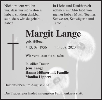 Traueranzeige von Margit Lange (geb. Hübner)  von Magdeburger Volksstimme