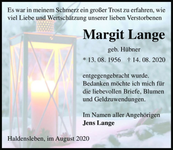Traueranzeige von Margit Lange (geb. Hübner)  von Magdeburger Volksstimme
