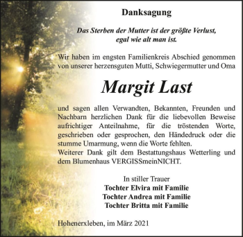 Traueranzeige von Margit Last  von Magdeburger Volksstimme