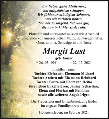 Traueranzeige von Margit Last (geb. Kaiser)  von Magdeburger Volksstimme