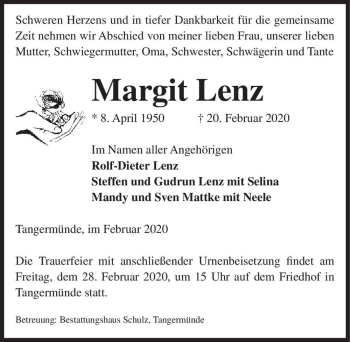 Traueranzeige von Margit Lenz  von Magdeburger Volksstimme