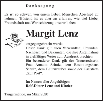 Traueranzeige von Margit Lenz  von Magdeburger Volksstimme
