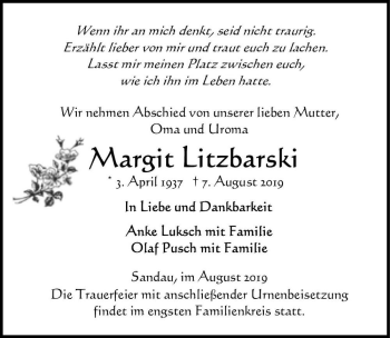 Traueranzeige von Margit Litzbarski  von Magdeburger Volksstimme